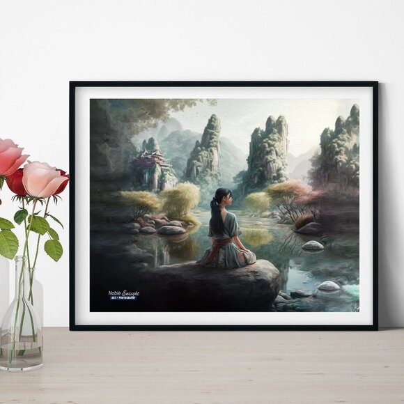 NobleCaptures Other - 8x10 Lady Meditating on a‎ Rock Fantasy Art Oil Painting Print